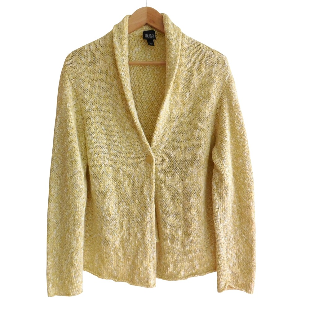 Eileen Fisher Cardigan Sweater One Button Yellow Cotton Blend Rolled Hem Large